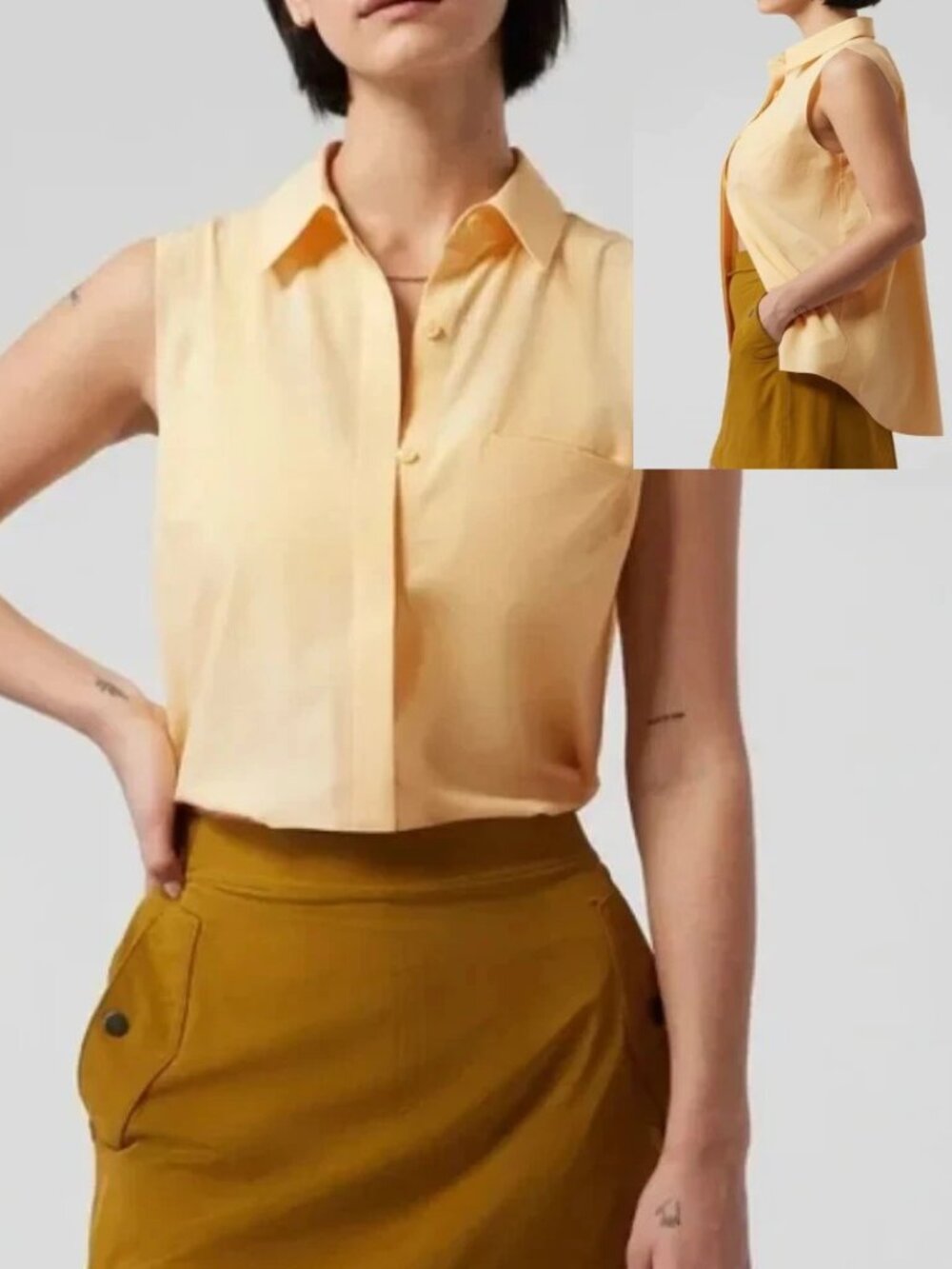 Athleta Urbanite II Button Down Sleeveless High Low Yellow Top